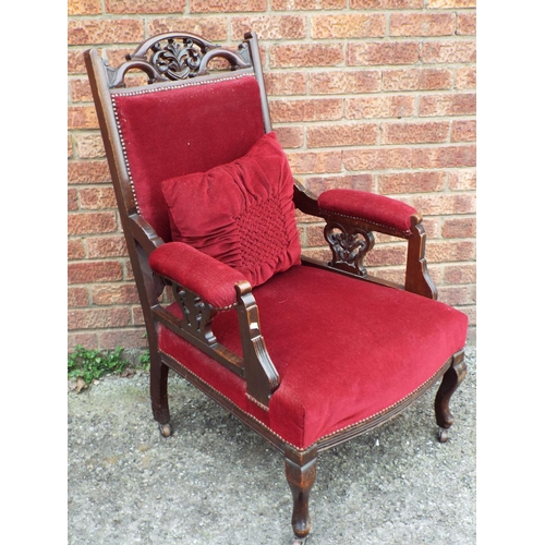 954 - Darkwood early 20th Century armchair with Damask Draylon upholstery. Carved supports and back. See p... 