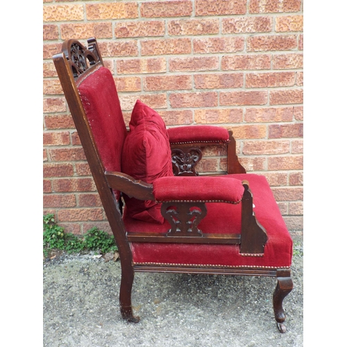 954 - Darkwood early 20th Century armchair with Damask Draylon upholstery. Carved supports and back. See p... 