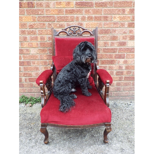 954 - Darkwood early 20th Century armchair with Damask Draylon upholstery. Carved supports and back. See p... 