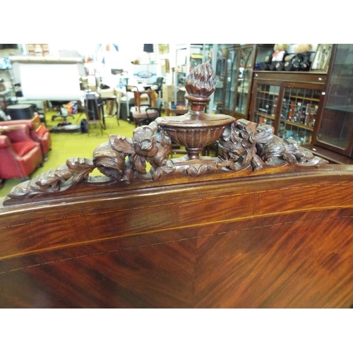 970 - Late Victorian bed frame with quartered Mahogany headboard with carved  decoration and acorn finials... 