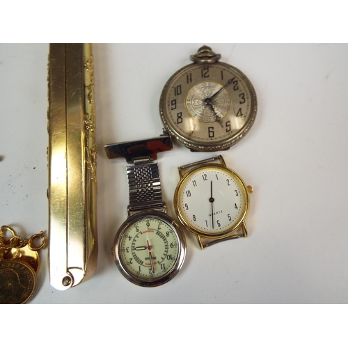 766 - Mixed lot to include a gold coloured farthing bracelet, pocket watch etc.