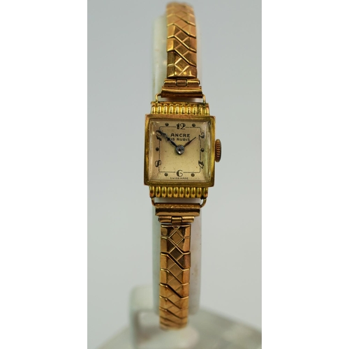 603a - Ladies 'Ancre' 15 Jewel swiss watch set in an 18ct Yellow gold case with a 9ct gold plated expanding... 