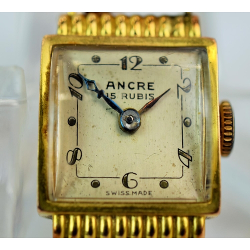 603a - Ladies 'Ancre' 15 Jewel swiss watch set in an 18ct Yellow gold case with a 9ct gold plated expanding... 