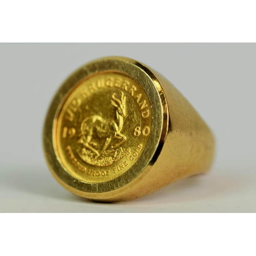 501a - 9ct Yellow gold ring set with a 1/10th 22ct Gold Krugerrand. Finger size 'O'   total weight 9.1g