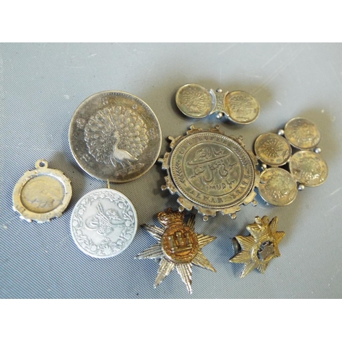 807 - Selection of vintage silver coin badges and 2 military badges (pins missing on most.).