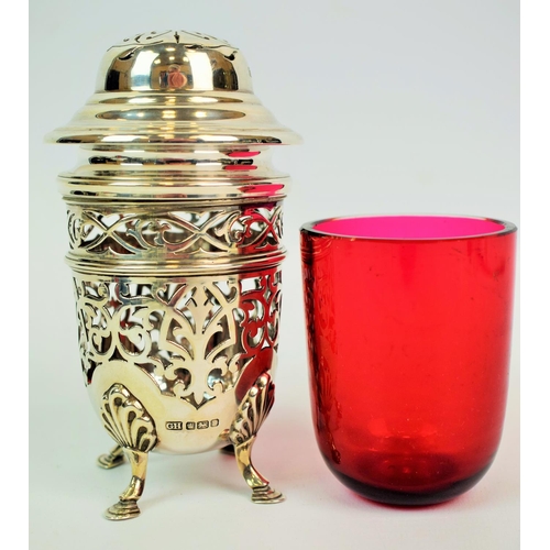 568a - Very lovely pierced Silver Pomander set with an original Ruby Glass liner. Clear hallmarks for Sheff... 