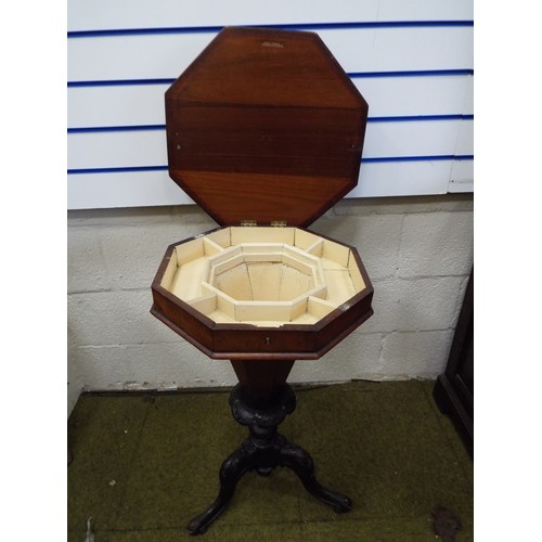 957 - Victorian Mahogany Trumpet shaped sewing box. Raised on carved bracket legs with octagonal tapered c... 