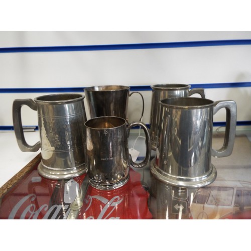 375 - 5 Silver plated & pewter vintage tankards the smallest 1/2 pint measure.