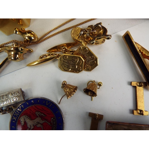 866 - Good mix of costume jewelley including 9ct gold bell earrings , Mop belt buckles etc.