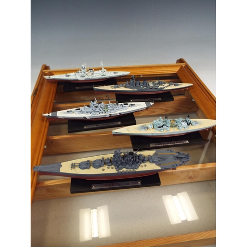 1200 - 5 Diecast model ships and display cabinet.