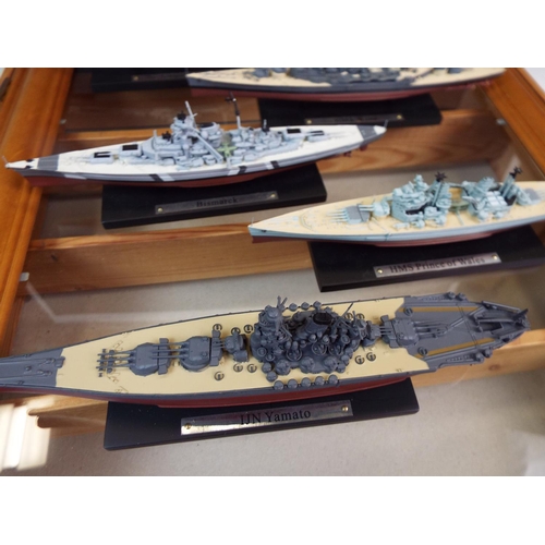 1200 - 5 Diecast model ships and display cabinet.