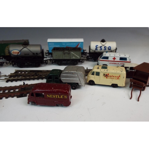 1203 - Vintage diecast cars, train carriages, track etc.