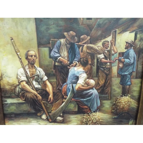 1049 - Modern painting of Victorian farmworkers. Very nice frame. 33 x 29 inches