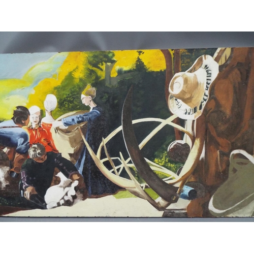 1054 - Large acryllic on board of a pastoral scene. 72 x 30 inches.