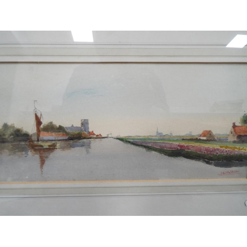 1072 - Framed and mounted watercolour of an inland waterway by Dutch Artist  Jacob Huijbreht Hollestelle.  ... 