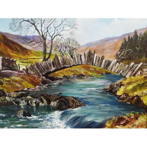 1085 - Oil on board of a mountain stream and stone bridge. Signed 'Barton. Pine frame  33 x 25 inches. See ... 