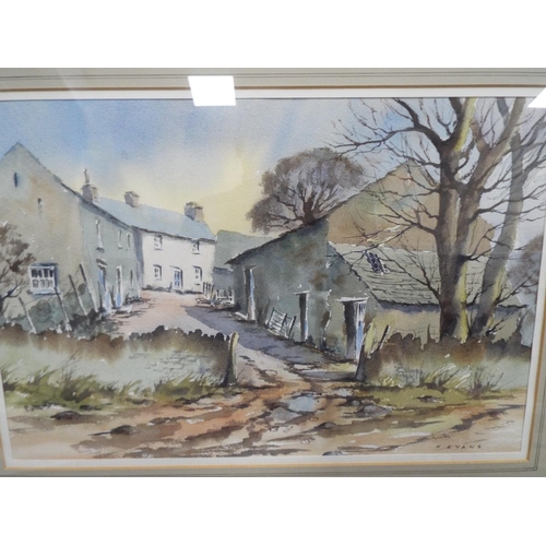 1086 - Lithograph or possibly watercolour of tumbledown cottages by Evans.  25 x 20 inches. See photo