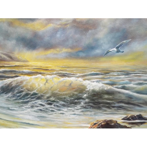 1087 - Oil on canvas of a seascape by K Baldock. 1986  framed. 32 x 24 inches. See photos