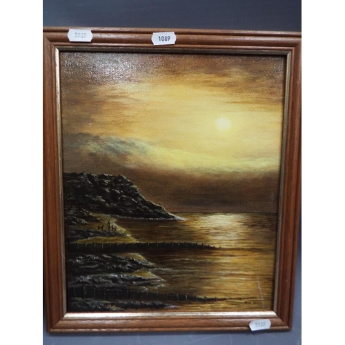 1089 - Nicely painted oil on board 'Sunset at west Runton' Joan Beech. Plus one other naïve painting in nic... 