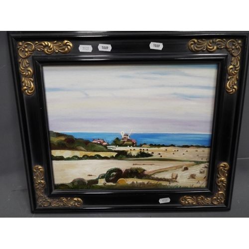 1089 - Nicely painted oil on board 'Sunset at west Runton' Joan Beech. Plus one other naïve painting in nic... 