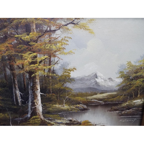 1097 - Oil painiing of an Alpine woodland scene in a very pretty gilt frame  21 x 17 inches. See photos