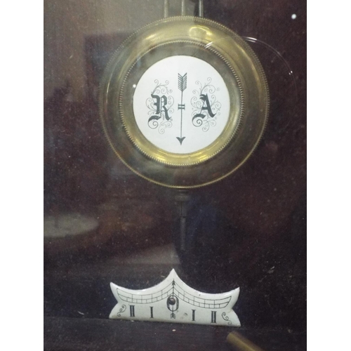 1103 - Dark wood wall clock with enamel face and pendulum. Working condition unknown.