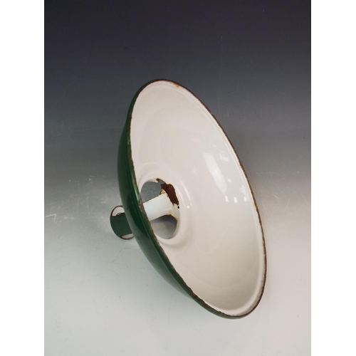 1114 - 3 Vintage green and white enamel light shades.