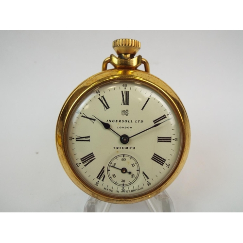 543a - Gold Tone Ingersoll Triumph pocket watch with crown wind, subsidiary dial, running order