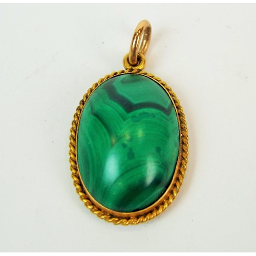 547a - Victorian era Malachite set mourning pendant with clear glass back mounted in unmarked yellow gold w... 