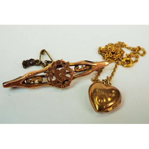 549a - 9ct Rose gold Mizpah brooch with safety chain fitted together with a gold plated locket and chain se... 