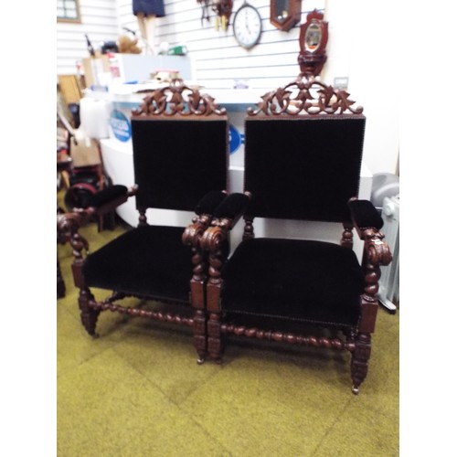 947 - Dark Oak Black forest style carved and upholstered chairs.