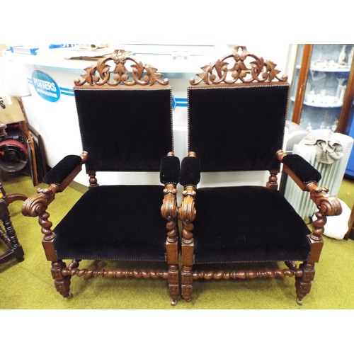 947 - Dark Oak Black forest style carved and upholstered chairs.