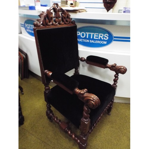 947 - Dark Oak Black forest style carved and upholstered chairs.