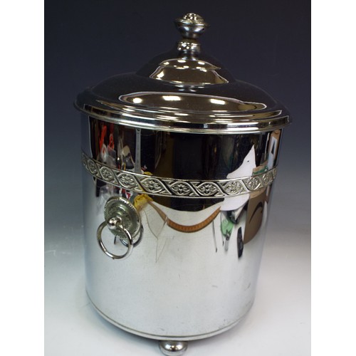 56 - Large Chrome Wine cooler with paw feet and ring handles. Lid has attractive finial which brings the ... 