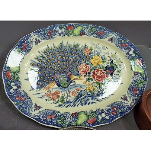 1180 - Mixed lot to included silverplated galleried tray and a large meat plate with peacock design.