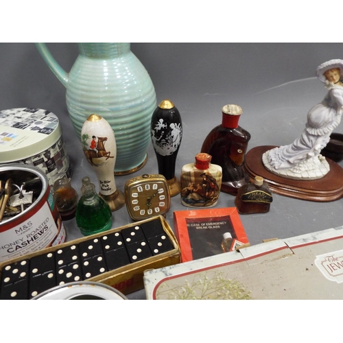 1268 - Interesting mixed lot containing spirit decanters, marbles, dominos etc.