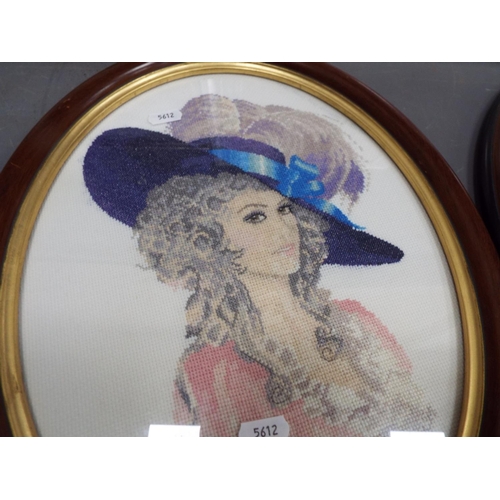 1331 - 5 Framed and under glass cross stitch embroideries of elegant ladies.