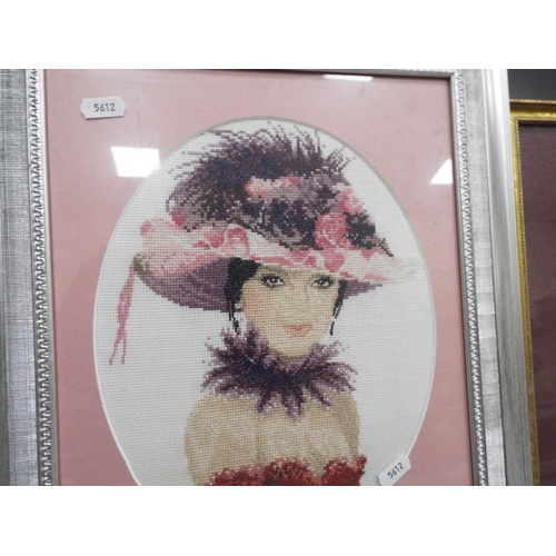 1331 - 5 Framed and under glass cross stitch embroideries of elegant ladies.