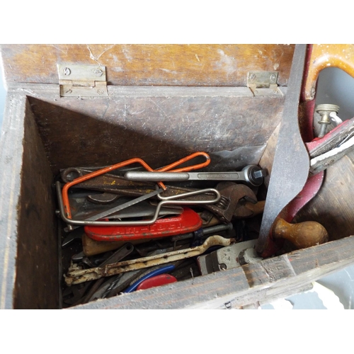 1430 - Wooden tool chest and tools with plus a tub with more tools.