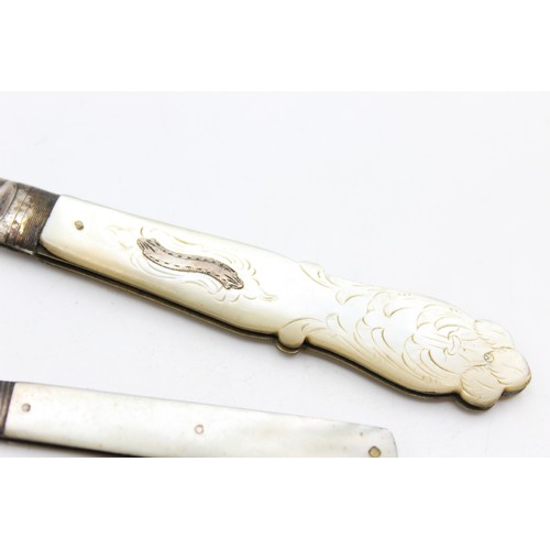 665a - 2 x Antique Hallmarked .925 STERLING SILVER Fruit Knives w/ MOP Handles (37g)      529781