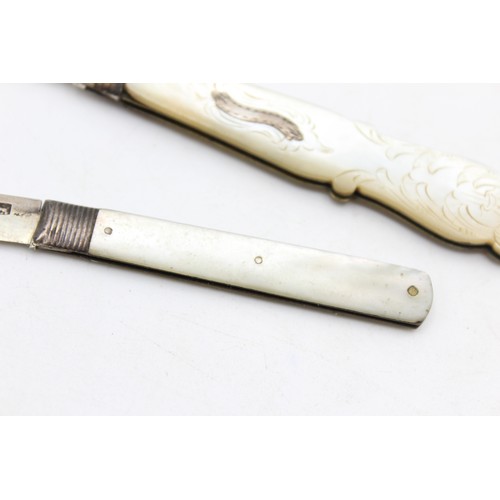 665a - 2 x Antique Hallmarked .925 STERLING SILVER Fruit Knives w/ MOP Handles (37g)      529781