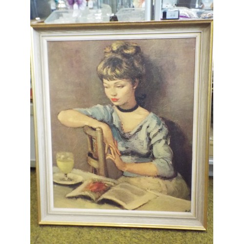 1459 - Vintage framed print on board of lady with book and orange juice. Measures 23 x 28 inches