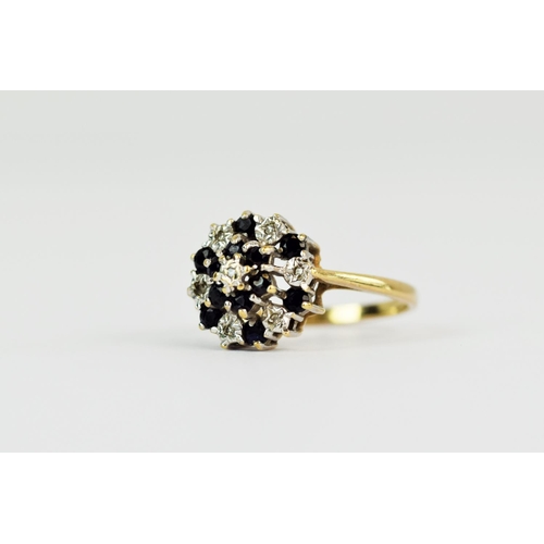 103 - 9ct Yellow Gold Diamond and Sapphire set ring in a flower pattern. Finger size 'M'   2.4g