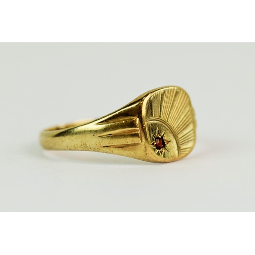 118 - 9ct Yellow Gold Signet ring set with a tiny melee Garnet.  Finger size 'Z1'  4.3g