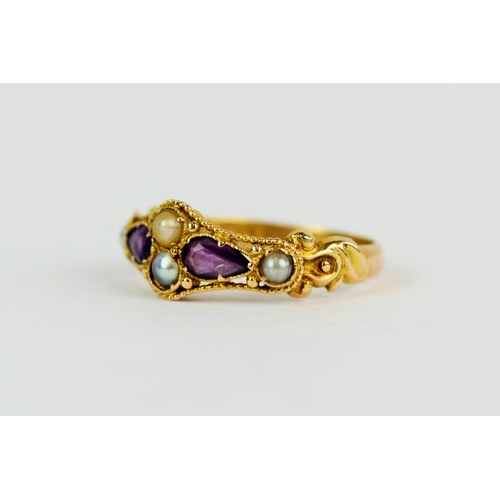 123 - Antique 18ct Yellow gold ring set with seed pearls and twin Amethysts. Clear Birmingham hallmark for... 