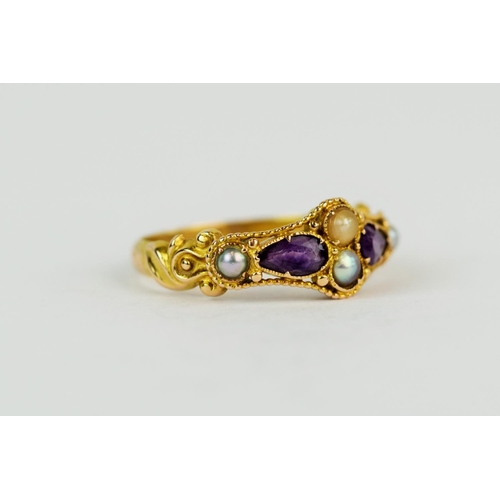 123 - Antique 18ct Yellow gold ring set with seed pearls and twin Amethysts. Clear Birmingham hallmark for... 