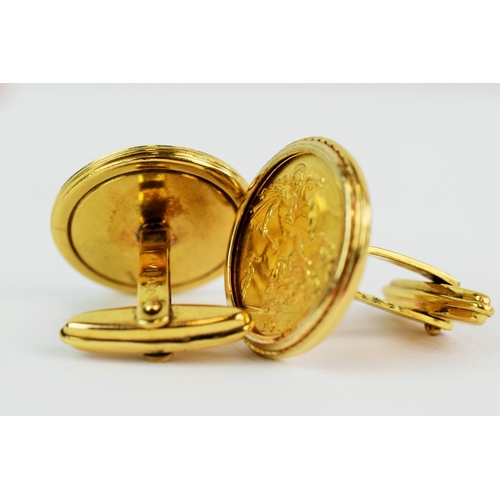 137 - Pair of 9ct yellow gold cufflinks each set with a 1915 Melbourne Half Sovereign.  Total Weight 17.6g