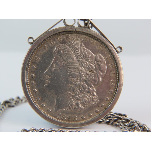 149 - 1898 USA Silver Dollar on a silver mount and 24 inch silver chain. Total silver weight 43g