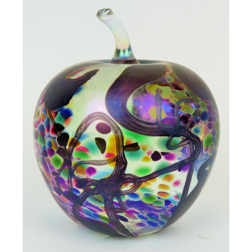 187 - Iridescent glass paperweight in the form of an Apple by Glasform, signed to base by John Ditchfield.... 