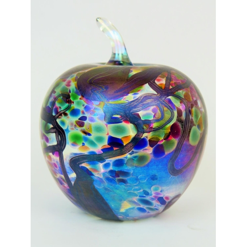 187 - Iridescent glass paperweight in the form of an Apple by Glasform, signed to base by John Ditchfield.... 